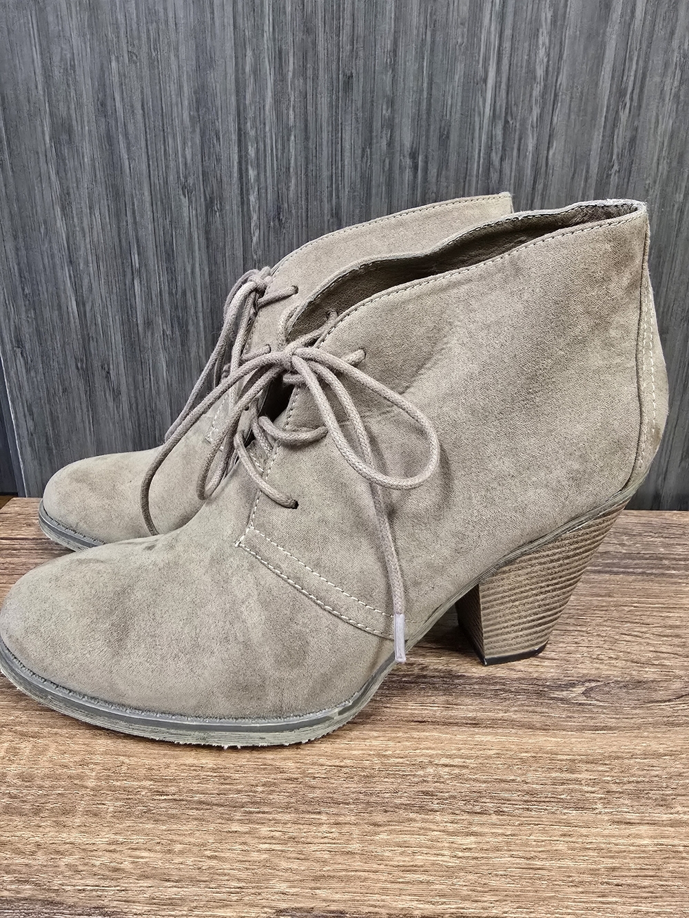 MIA Women's Suede Lace-Up Ankle Booties Taupe Brown Size 10 Block Heel